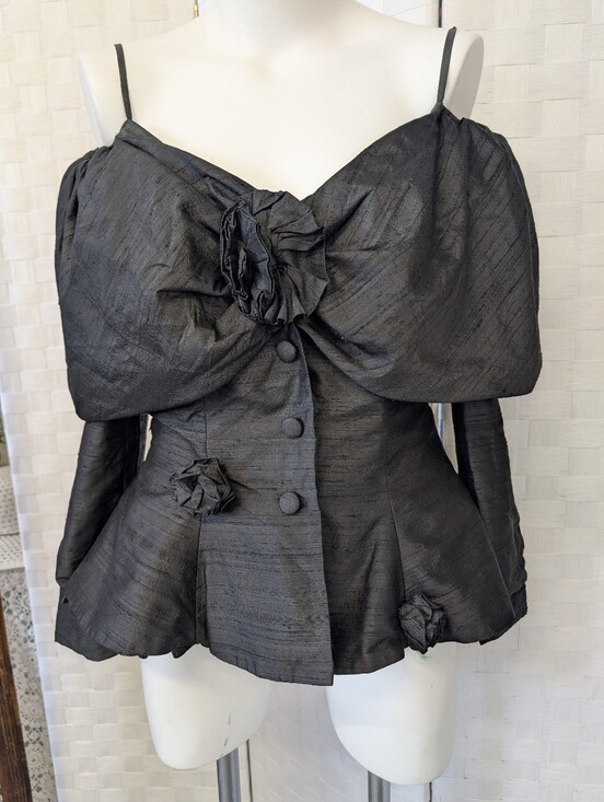 Vintage Jackets & Blazers - VINTAGE Silk Corset Black Off-Shoulder Floral Accent Women's Top